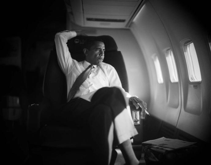 Senator Barack Obama, Democratic candidate for president, on board his plane en route to Missouri, where he will campaign in St. Louis and Kansas City. October 18, 2008. 
2010 © David Burnett/Contact Press Images