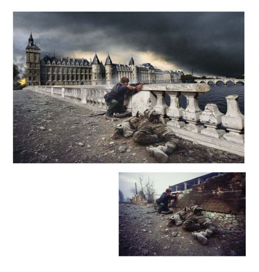 Patrick Chauvel, La Conciergerie. (Grozny, janvier 1996. Un civil tchétchène armé en embuscade à côté d'un tankiste russe mort. La guerre en Tchétchénie a fait 140 000 morts de 1994 à 2004.)