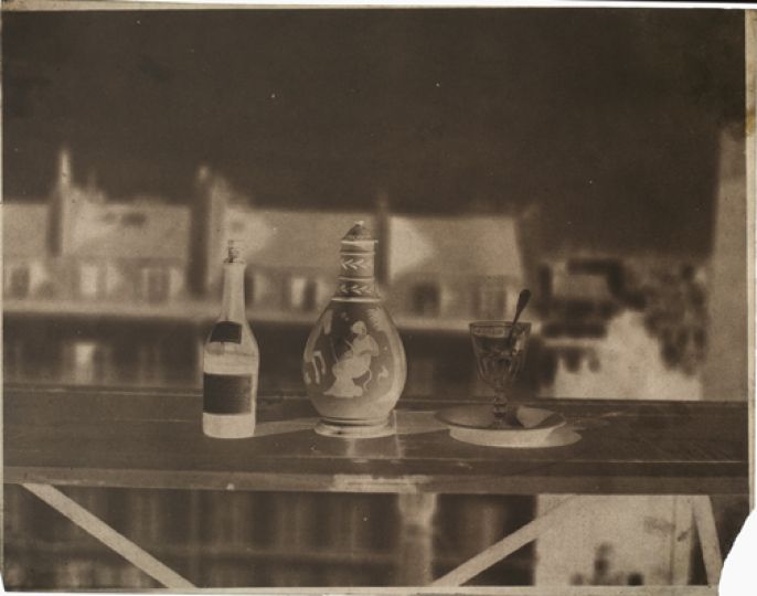 John Beasly Greene (American, born and active in France, 1832-1856), Still life with glass, flask and bottle, 1850s.