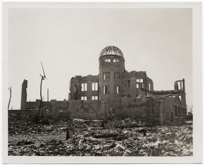 United States Strategic Bombing Survey, Physical Damage Division [Ruins of the Hiroshima Prefectural Commercial Exhibition Hall (A-Bomb Dome)], October 24, 1945rn© International Center of Photography