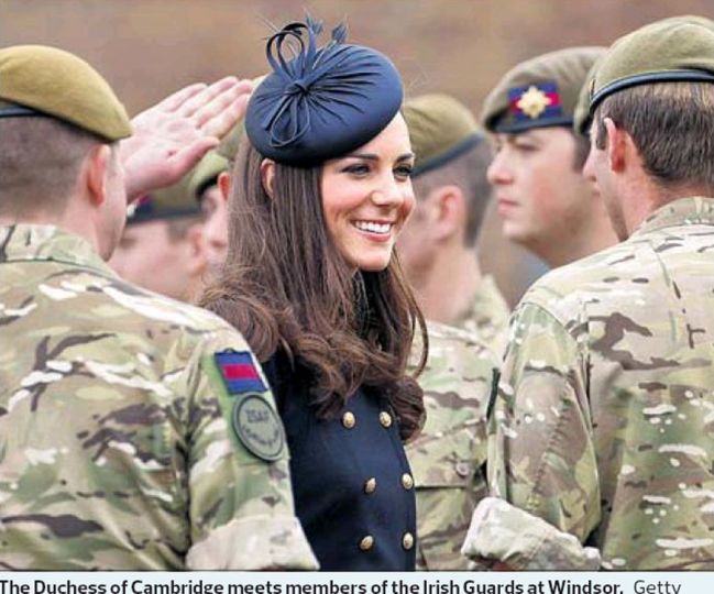 --The Duchess of Cambridge salutes the u201cIrish Guardsu201d at Windsor.  I would love to see the u201cIrish Guardu201d wearing the Duchess' hat.--rnThe observer, June 26.rnPhoto: Getty.