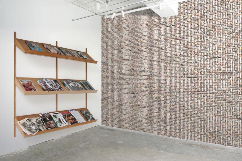 Christopher ClaryrnSelf-portrait (my collection), ink on newsprint wallpaper, pornography magazines and wall unit, dimensions variable, 2009-2011.