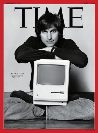 ”Steve Jobs’s death caused Time magazine to stop the presses—quite literally—for the first time in 20 years. Editor Richard Stengel tossed out the previous edition and the staff spent three hours making a new issue, going with a cover photo shot by Norman Seeff in 1984. Seeff took the picture in the living room of Jobs’s home in Woodside, California. ’We were just sitting, talking about creativity and everyday stuff in his living room’, says the photographer. ’I was beginning to build a level of intimacy with him, and then he rushed off, and came back in and plopped down in that pose. He spontaneously sat down with a Macintosh in his lap. I got the shot the first time’.” Photo by Norman Seeff, Time