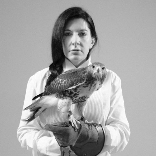 Marina Abramoviu0107 rnPortrait with Falcon, 2010rnSilver gelatin print, 12 x 12 inches / 30.5 x 30.5 cmrnEdition of 25 with 3 APs (#5/25)rn© Marina Abramoviu0107, courtesy Marina Abramoviu0107u00a0 Archives and Sean Kelly Gallery, New York