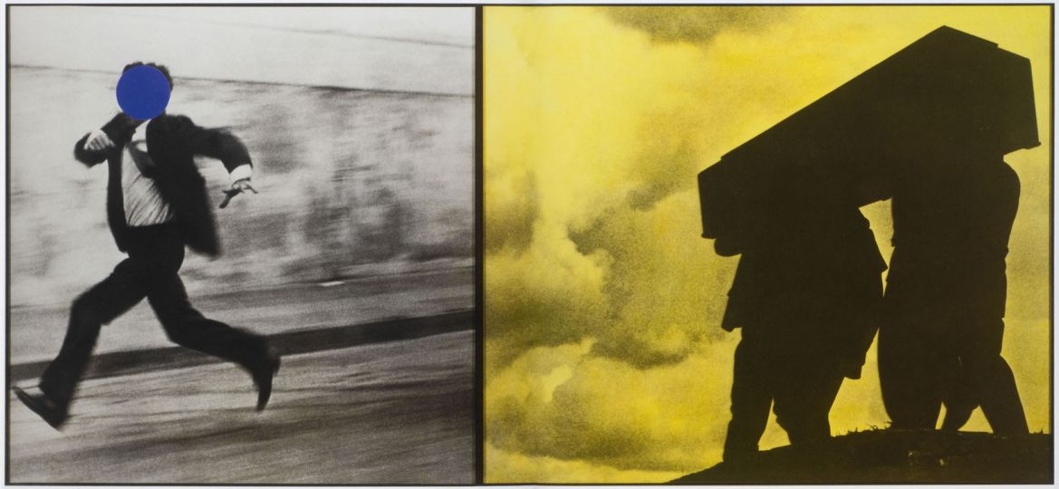 Man Running/Men Carrying Box, 1988-1990rnGelatin silver prints, vinyl paint and shading in oil part 1: 121.3 x 118.6 cm; part 2: 121.3 x 146.6 cm (images)rnOn permanent loan from Siemens AG, Munich, to the Sammlung Moderne Kunst since 2003rn© John Baldessari