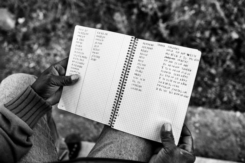 Spain, Ceuta, April 2 2012. In the picture, the exercise book of Zacharia, 28 years old from Guinea. He is illiterate and he is learning to write and read in spanish. © Gianfranco Tripodo