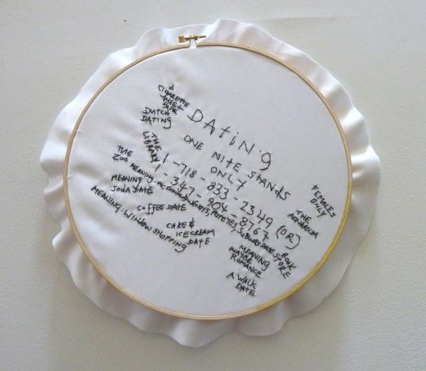 “Dating”', 2012
Embroidery thread, satin, sewing hoop. © Frances Goodman