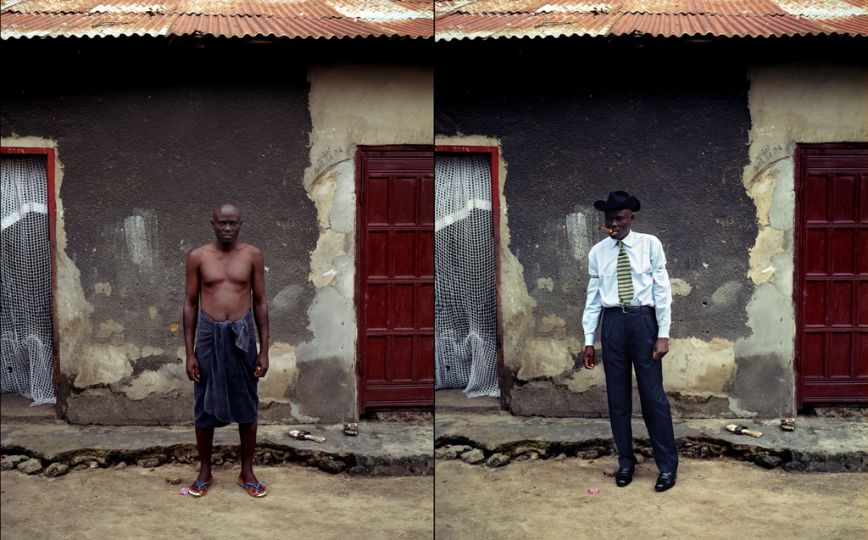 Willy Covary, one of the most admired sapeurs of the Bacongo neighborhood, poses in front of his house, after taking a bath. He is about to get dressed to go out. On the right side, he is ready to show off in the city. © Héctor Mediavilla / Picturetank