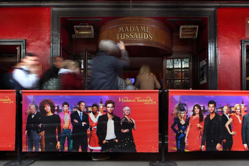 Visitors waiting for ticket and shooting at Madame Tussauds public entrance, 1884, London, UK. © Manuel Cohen