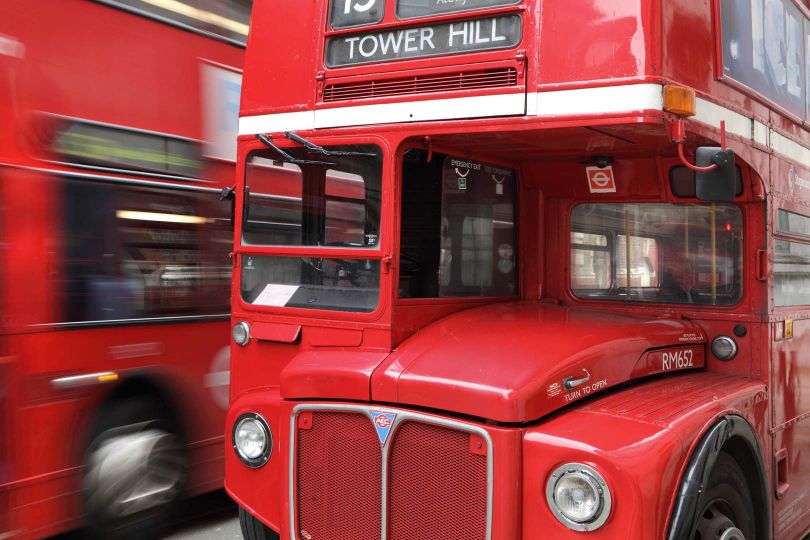 Red AEC (Associated Equipment Company), double-decker bus of London Transport, London, UK. © Manuel Cohen