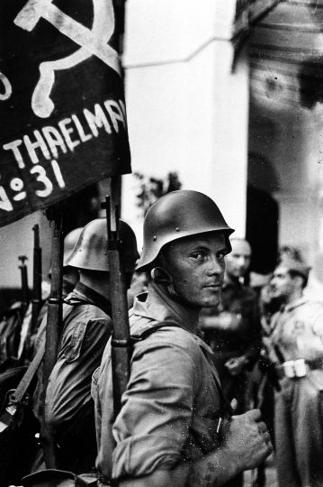 Soldier, Ernst Thaelmann brigade, Republic of Spain, 1936 Gelatin silver print; printed c.1936 10 1/2 X 7 1/4 inches David Seymour/Magnum Photos credit stamp, Magnum label and annotations on print verso. © Chim (David Seymour)/Magnum Photos