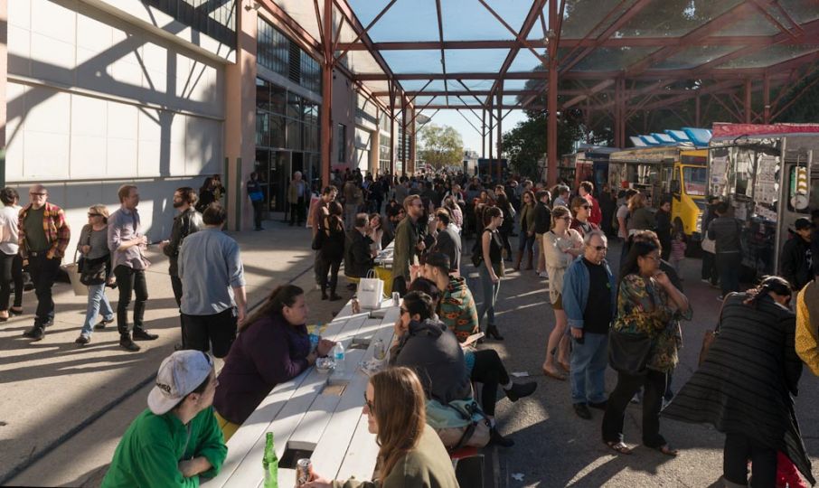 The scene outside the MOCA Geffen was vibrant in the Los Angeles winter weather.  A host of food trucks and the sounds of live music made it easy to refresh mind and body before stepping back inside  © Andy Romanoff