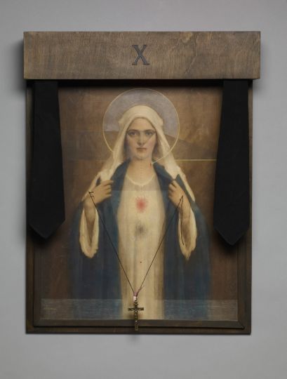 Robert Mapplethorpe (American, 1946–89). Tire Rack, 1969, Chromolithograph, colored pencil, stained plywood, Plexiglas, metal crucifix, black thread, needles, and black neckties, framed by the artist. Jointly acquired by the J. Paul Getty Trust and the Los Angeles County Museum of Art; partial gift of The Robert Mapplethorpe Foundation; partial purchase with funds provided by the J. Paul Getty Trust and the David Geffen Foundation.