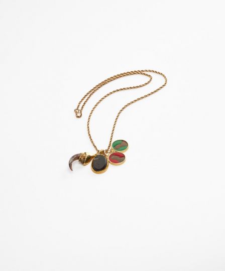Robert Mapplethorpe (American, 1946–89). Necklace with animal claw, stone amulet, and pennies coated with resin, held with gold fixing on a gold chain, ca. 1972. Gift of The Robert Mapplethorpe Foundation.
