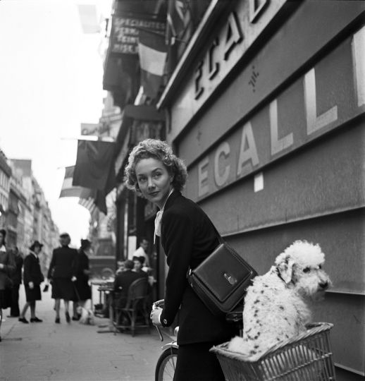 Leaving the Pierre et Rene hairdresser poodle travels in bicycle basket, Paris, France, 1944 © Lee Miller, Courtesy Lee Miller Archives