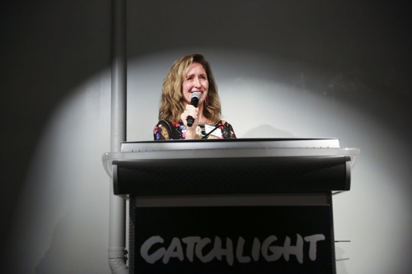 Nancy Farese speaks to a crowd honoring the work of CatchLight, the three inaugural CatchLight fellows and contributors to the Everyday Bay Area program at CatchLight's Light Night event on Friday November 3, 2017. Photo by Emma Marie Chiang