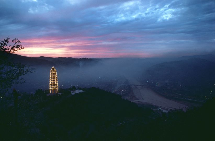 September, 1985. Shaanxi Province, China. The pagoda at Yan'an, a famous landmark in the hills above the town. Mao Zedong and the Red Army moved into Yan'an in 1937 after the Long March and stayed until March of 1947.