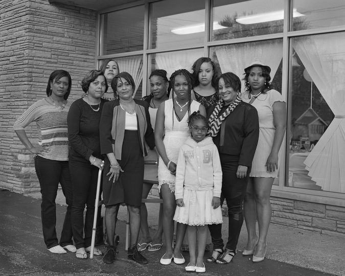 LaToya Ruby Frazier Shea with her mother, daughter, aunts and cousins; (left to right; Marcell, Kristina, Lynda, Denise, Andrea, Nephratiti, Keona, Zion, Renee, Shea) at the wedding reception outside the Social Network Banquet Hall, 2016 / 2017 Gelatin silver print 20 x 24 inches All images courtesy of the artist and Gavin Brown's enterprise, New York / Rome.