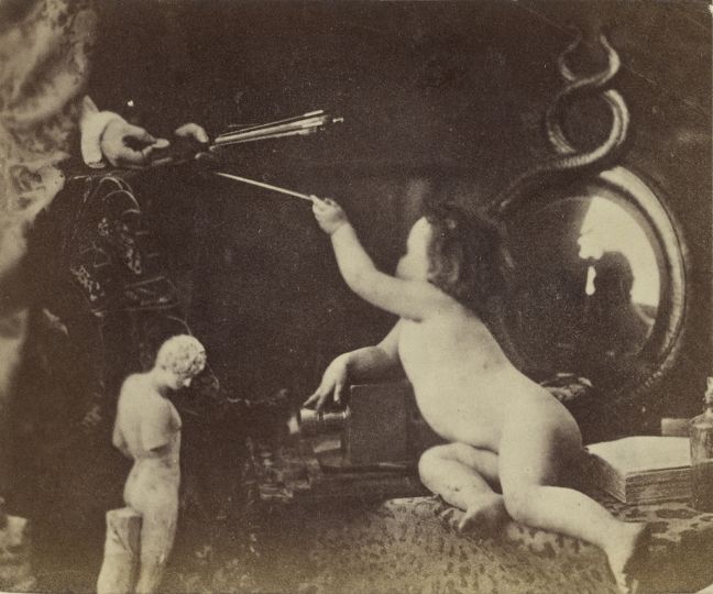 The Infant Photography Giving the Painter an Additional Brush; Oscar Gustave Rejlander (British, born Sweden, 1813 - 1875); London, England; about 1856; Albumen silver print; 6 × 7.1 cm (2 3/8 × 2 13/16 in.); 84.XP.458.34 Courtesy The J. Paul Getty Museum, Los Angeles