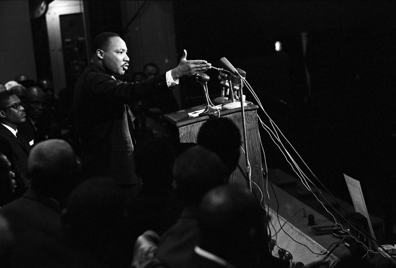 Civil Rights Movement, Savannah, Georgia, June 1964. Dr. Martin Luther King, Jr. speaks at the Civic Auditorium. © Fred Baldwin