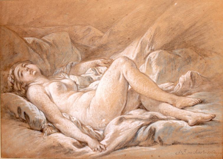 François Boucher, Nu de femme allongée sur des coussins, 1762. Trois crayons et rehauts de pastel sur papier beige, 26 × 36,5 cm © Courtesy Galerie De Bayser Prix : 70 000 euros