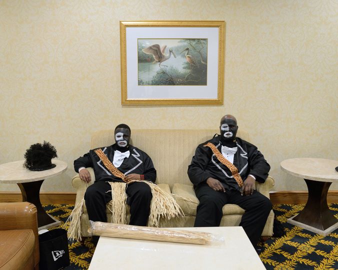 Brandon & Wallace wearing a blackface, Zulu Social Aid & Pleasure Club, Hilton Hotel, New Orleans. 2014. Series CASTA - CHAM / Inkjet Fine Art Print - 20 x 24,4 inches ©Nicola Lo Calzo - Courtesy of Dominique Fiat