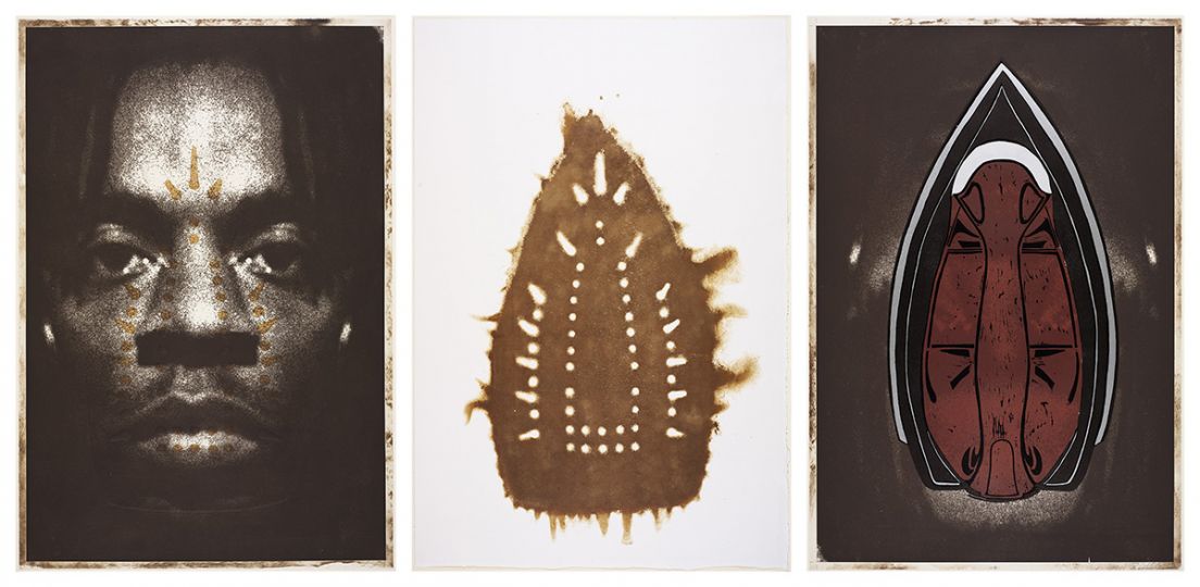 Man Spirit Mask
	Willie Cole (American, born in 1955)
	1999
	Triptych, photo etching printed in brown, with embossing and hand coloring (left); screenprint with lemon juice and
	scorching (center); photo etching and color woodcut (right)
	*Museum of Fine Arts, Boston.  Lee M. Friedman Fund
	*© Willie Cole
	*Courtesy Museum of Fine Arts, Boston