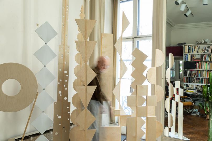 Duane Michals in studio with sculptures. Photo courtesy of Tim Soter.