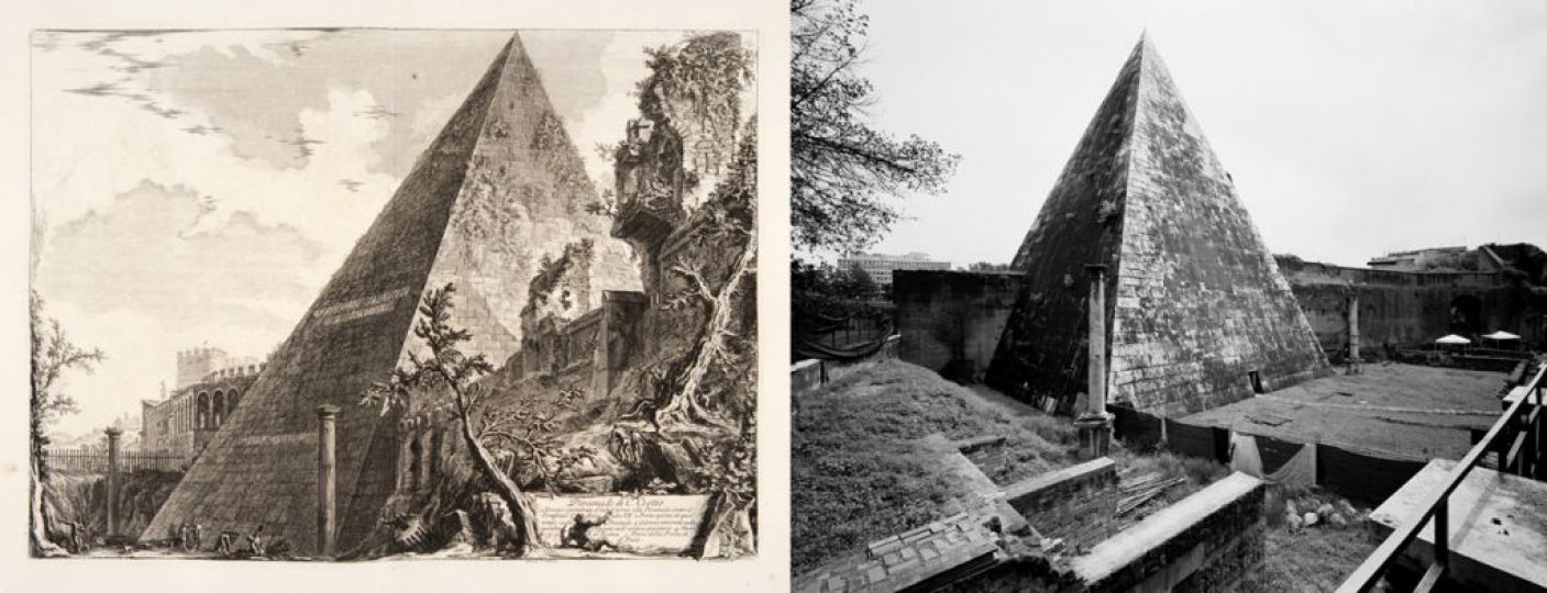 Giambattista Piranesi, The Pyramid of Cestius, etching, Venice, Fondazione Giorgio Cini, Drawings and Prints Cabinet; Gabriele Basilico, The Pyramid of Cestius, silver salt print with selenium toning, 2010 Milan, Archivio Gabriele Basilico