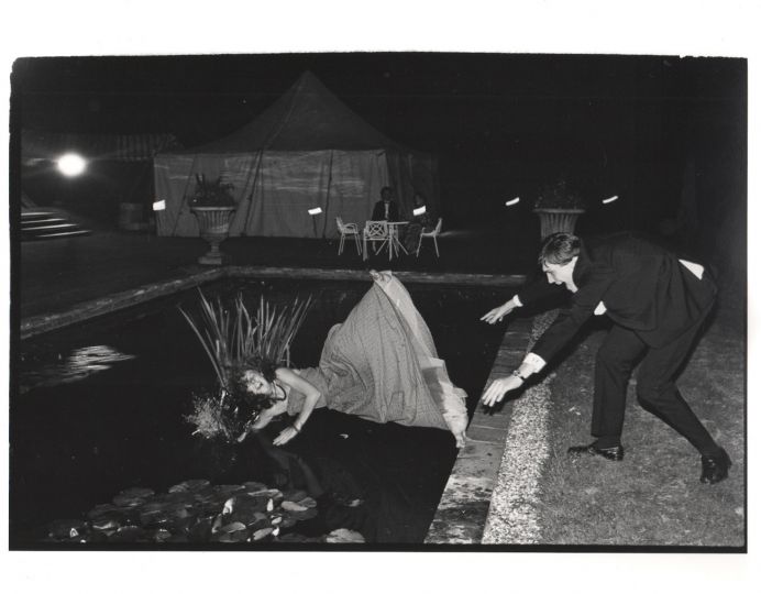 Debutante in a lily pond, Pop Vincent pushed in by Charles Mcdowel during the Martin Betts Dance. Ascot. 23 July 1982, from 