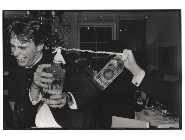 Clive Cooke sprayed with a soda siphon at a party organised by Oliver Baxter. 149 Grosvenor St. London. 13 November 1981, from 