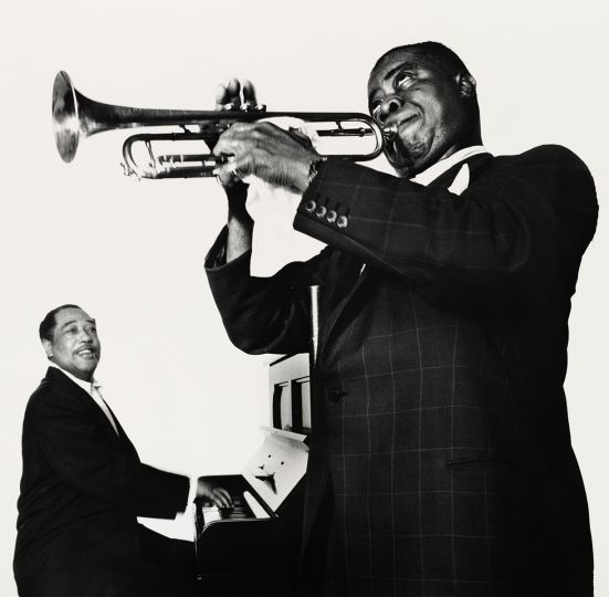 Duke Ellington and Louis Armstrong (1 of 3), New York, 1955, gelatin silver print by Irving Penn. Gift of Robert A. Freson Family, Bowdoin College Museum of Art, Brunswick, Maine. © Condé Nast.