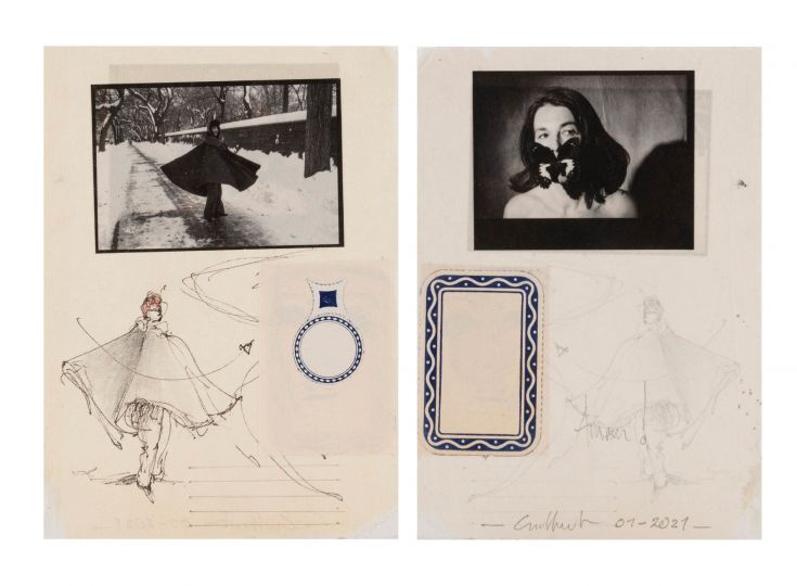 Sans titre, 2021 Recto / Verso Photographie : Cécile au papillon, Paris, 2017 / Cécile, Fifth Avenue, New York, 2011 Collage, tirage photographique sur papier Murakumo blanc, étiquette Collage, tirage photographique sur papier Murakumo blanc, étiquette, dessin, encre 17 cm x 12,5 cm © Bertrand Huet / Tutti courtesy baudoin lebon
