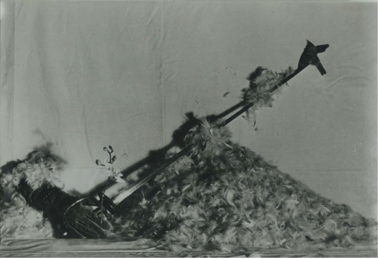 Claude Cahun, Plumes et épée, 1936, photograph, gelatin silver print, 13 x 18.2 cm. Private Collection Alberta Pane, Patrice Garnier. All rights reserved