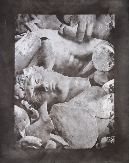 Matthew Brandt, David 1B, 2020-2022. Marble dust of fallen Michelangelo replica sculpture on roofing paper, 40 ¼ x 51 inches. Courtesy of the Artist © Matthew Brandt