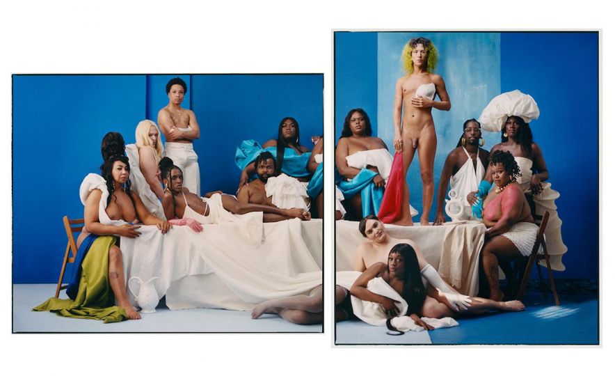 THE FAMILY, 2022 Left Side (left to right): Iman Le Caire, Alana Jessica, Äscen X, Alyxandra Symone Ramsay, Brent Thomas Whiteside, Qween Jean Right Side (left to right): Gia Love, Jade Kuriki-Olivo, Brandon Nick, Lexii Foxx, Tahtianna Fermin, Kaiya Carlin, Kammy-Raé © Camila Falquez – Courtesy Hannah Traore Gallery