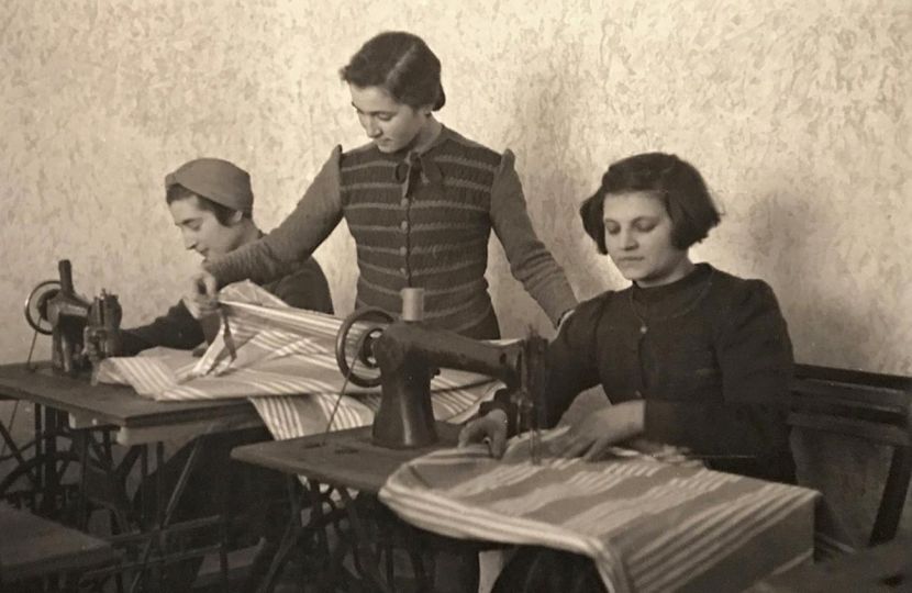Henryk Ross. Seamstresses making mattress to display the value of Jewish industry within the ghetto, 1941-1944. Art Gallery of Ontario, Toronto, Canada.