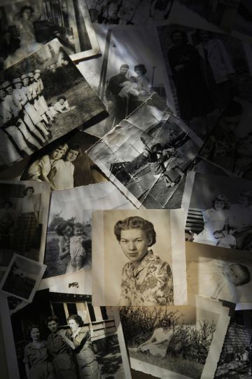Madje Steber, center, at 17 years, upon graduation from Electra High School in Texas, surrounded
by photos of her with only child, Maggie, at various periods during their life together.
Photos from Madje Steber private collection.  © Maggie Steber - Courtesy Leica Gallery Los Angeles 
