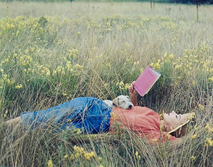 IRVING PENN, Lisa Fonssagrives-Penn lying in a field of grass, reading Gertrude Stein’s Picasso book, 1952, Vogue © Condé Nast