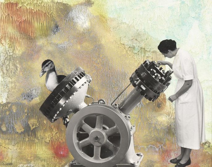 On n’arrête pas le progrès, 1970. Photo-collage sur décalcomanie 20 x 25.5 cm © Pierre Jahan - Courtesy Galerie Jean-François Cazeau