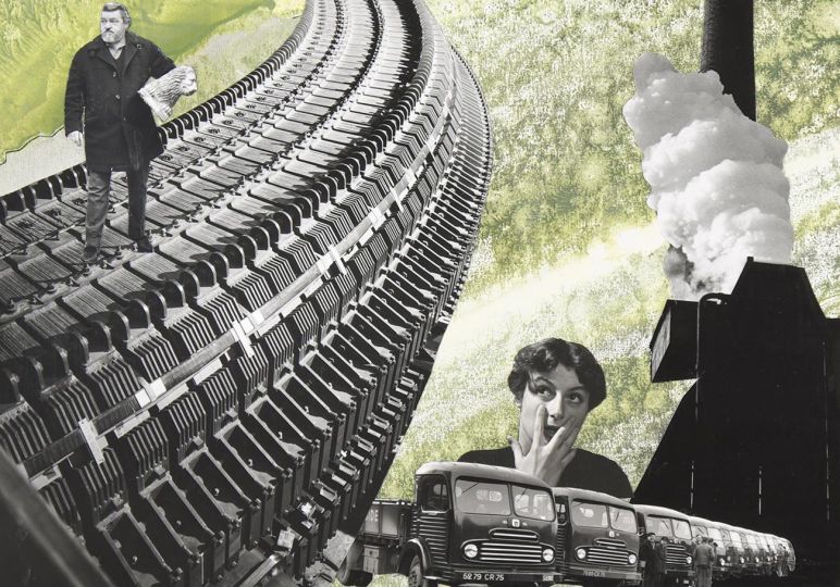 Le Travail et l’art à l’usine, ca. 1970 . Photocollage sur décalcomanie 24 x 28 cm © Pierre Jahan - Courtesy Galerie Jean-François Cazeau