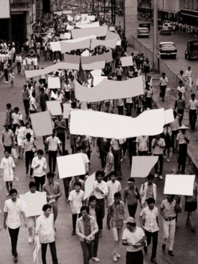 Kiri Dalena, Erased Slogans, 2023. Courtesy of the artist. (Original image from the Lopez Memorial Museum and Library Archives).