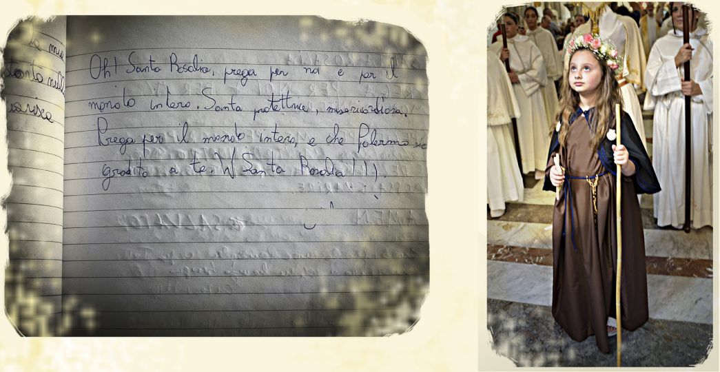 A little girl during the procession wears the clothes
of Saint Rosalie for penitence, next to it is one of the letters left by the worshippers in the sanctuary dedicated to the saint in which people ask for protection for the entire world as well as for the city of Palermo © Melania Messina