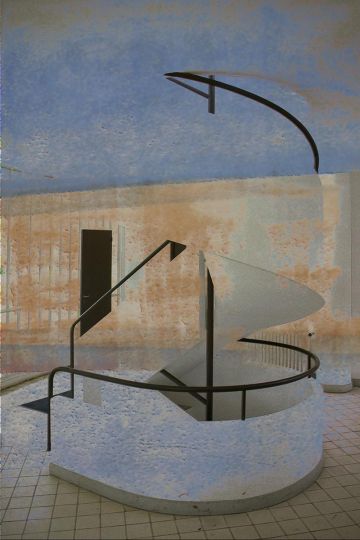 Staircase, Villa Savoye, 1929, Le Corbusier, 2020/2022 UV-curable ink on Dibond aluminum 63 3/8 x 42 x 1 7/8 in. (161 x 106.6 x 4.8 cm) Edition of 5 plus 2 artist's proofs Copyright James Welling Courtesy the artist and Marian Goodman Gallery