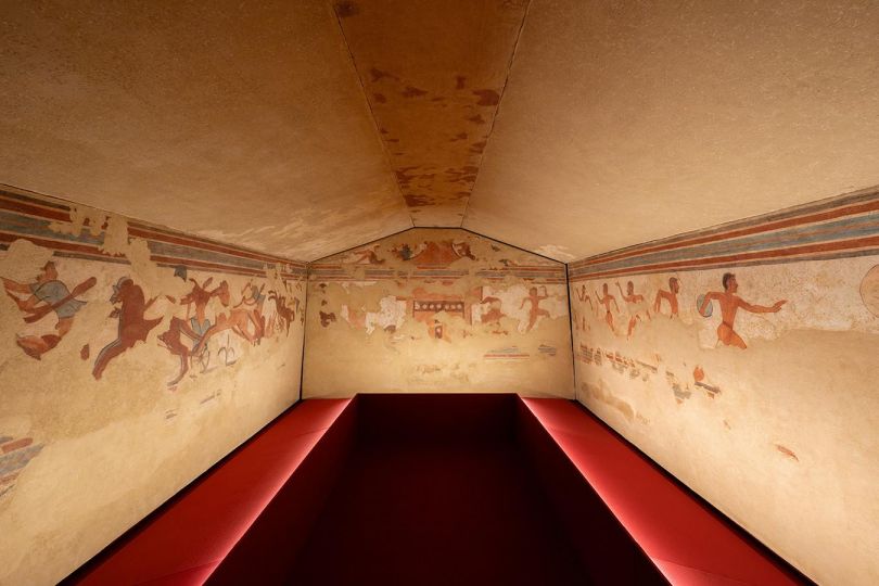 From THE OLYMPIC GAMES™. A 3000-Year History exhibition, Etruscan Tomb of the Olympiads, From Tarquinia, Etruria, Necropolis of Monterozzi, Late 6th cent. BC, Dry paintings, detached and re-mounted on canvas, Parco archeologico di Cerveteri e Tarquinia, Museo archeologico Nazionale di Tarquinia, Courtesy Parco archeologico di Cerveteri e Tarquinia. Installation view, FotoDanielePortanome