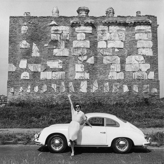 Helmut Newton, June, Via Appia Antica, Rome 1956, Porsche 356, copyright Helmut Newton Foundation