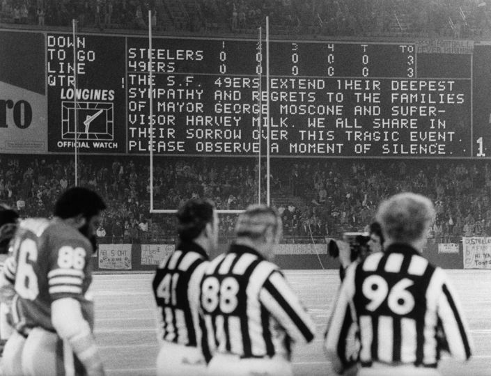 Michael Zagaris - Moment of Silence at Candlestick Park during NFL game between Pittsburgh Steelers and SF 49ers following deaths of. Mayor Moscone and Harvey Milk, 1978 © Michael Zagaris